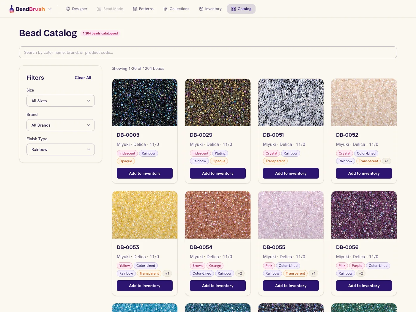 A grid of bead swatches in the BeadBrush bead catalog
