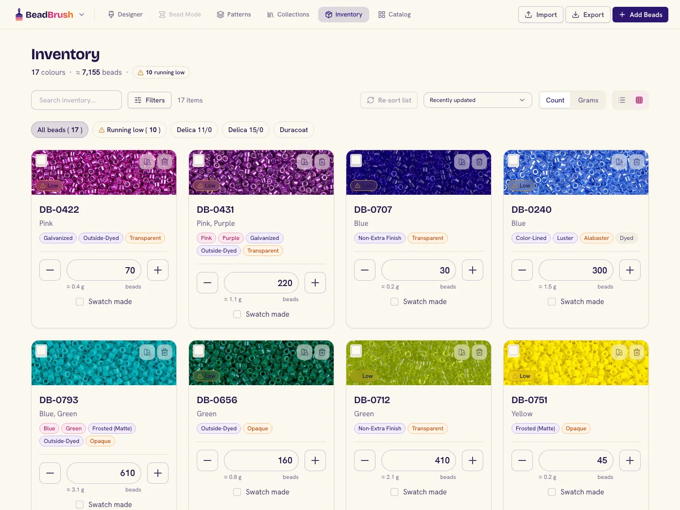 A card grid of beads in the BeadBrush inventory